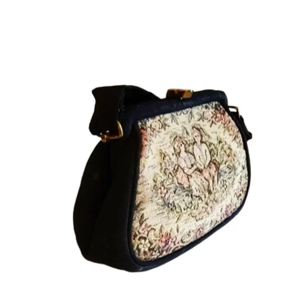 1950s Vintage Small Black Fabric And Tapestrty Scenic Handbag Top Handle Purse - Picture 2 of 8